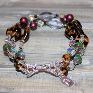 Three Strand Art Glass Bracelet, Vintage Art Glass Beaded Bracelet, Vintage Crystal Beads, Crystal Clasp    B07