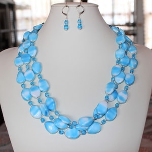 Lovely Sky Blue and White Porcelain Beaded Three Strand Necklace, Vintage Porcelain Beads, Vintage Capri Blue Glass Beads    B04