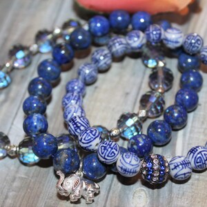 Three Blue Stackable Bracelets, 8mm Lapis Lazuli with Elephant Charm, Vintage Chinese Porcelain Shou Beads, Faceted Glass Beads     B02