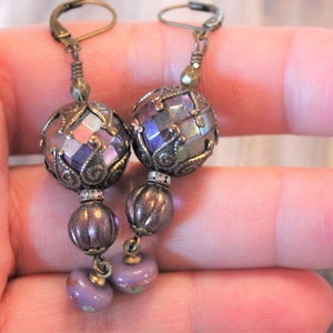 Earrings with Vintage Purple Faceted Glass Beads, Czech Glass Beads, Vintage Japanese Charms, Ornate Bead Caps E5 image 5