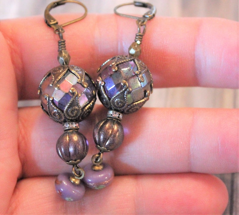 Earrings with Vintage Purple Faceted Glass Beads, Czech Glass Beads, Vintage Japanese Charms, Ornate Bead Caps E5 image 5