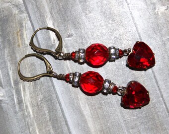 Red Glass Heart Pendant Earrings, Red Earrings, Antiqued Gold Earrings, Crystal Earrings E101