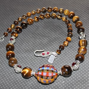 Necklace with New Venetian Murano Blown Glass Pendant Bead, Tiger Eye Stone Beads, Garnet Gemstone and Sterling Beads and Clasp B04