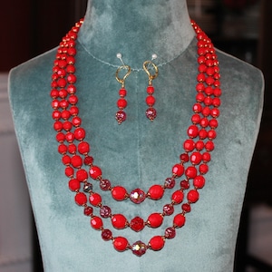 Lipstick Red Vintage Faceted Glass Necklace and Earrings, Vintage Art Glass Beads,  New Czech Glass Beads     B05