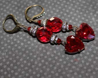 Red Glass Heart Pendant Earrings, Red Earrings, Antiqued Gold Earrings, Crystal Earrings E3