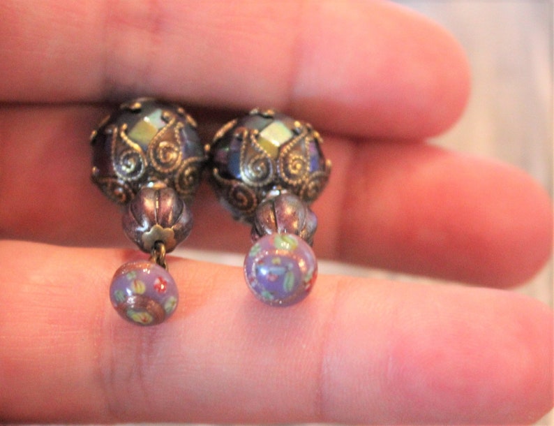 Earrings with Vintage Purple Faceted Glass Beads, Czech Glass Beads, Vintage Japanese Charms, Ornate Bead Caps E5 image 6