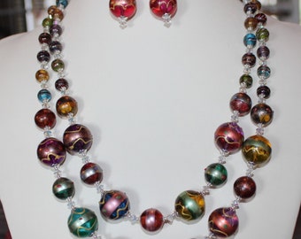 Gorgeous Colorful Two Strand Necklace & Earrings, Vintage Acrylic Beads, Vintage Glass Beaded Necklace    B09