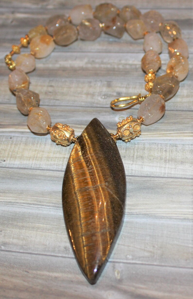 Exceptional Tiger/'s Eye Pendant Necklace with Gold Rutilated Quartz Ornate 24k Vermeil Gold Beads J171