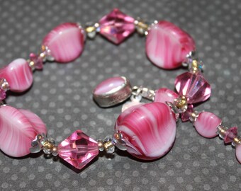 Vintage Glass Beaded Pink Necklace, Vintage Slag Glass, Original Czechoslovakia Box Clasp, Vintage Pink Crystal Beads   B15