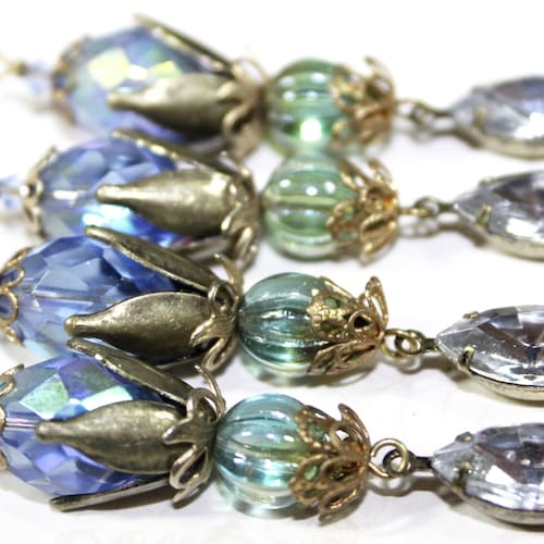 Boucles D'oreilles Pendantes Perles Millefiori Bleues Verre - Plaqué Or - Neuf Sans Emballage