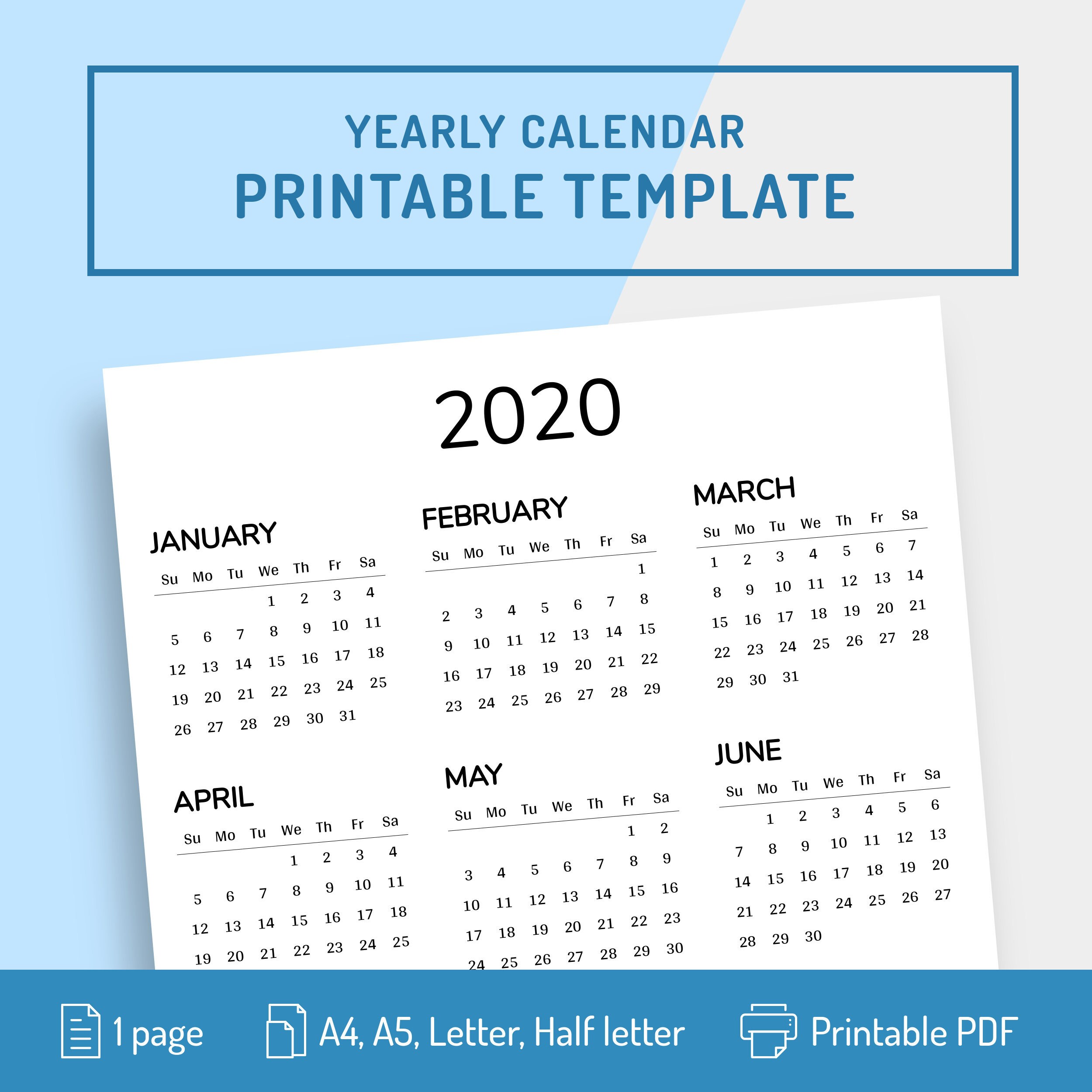 yearly calendar printable template printable calendar 2020 etsy