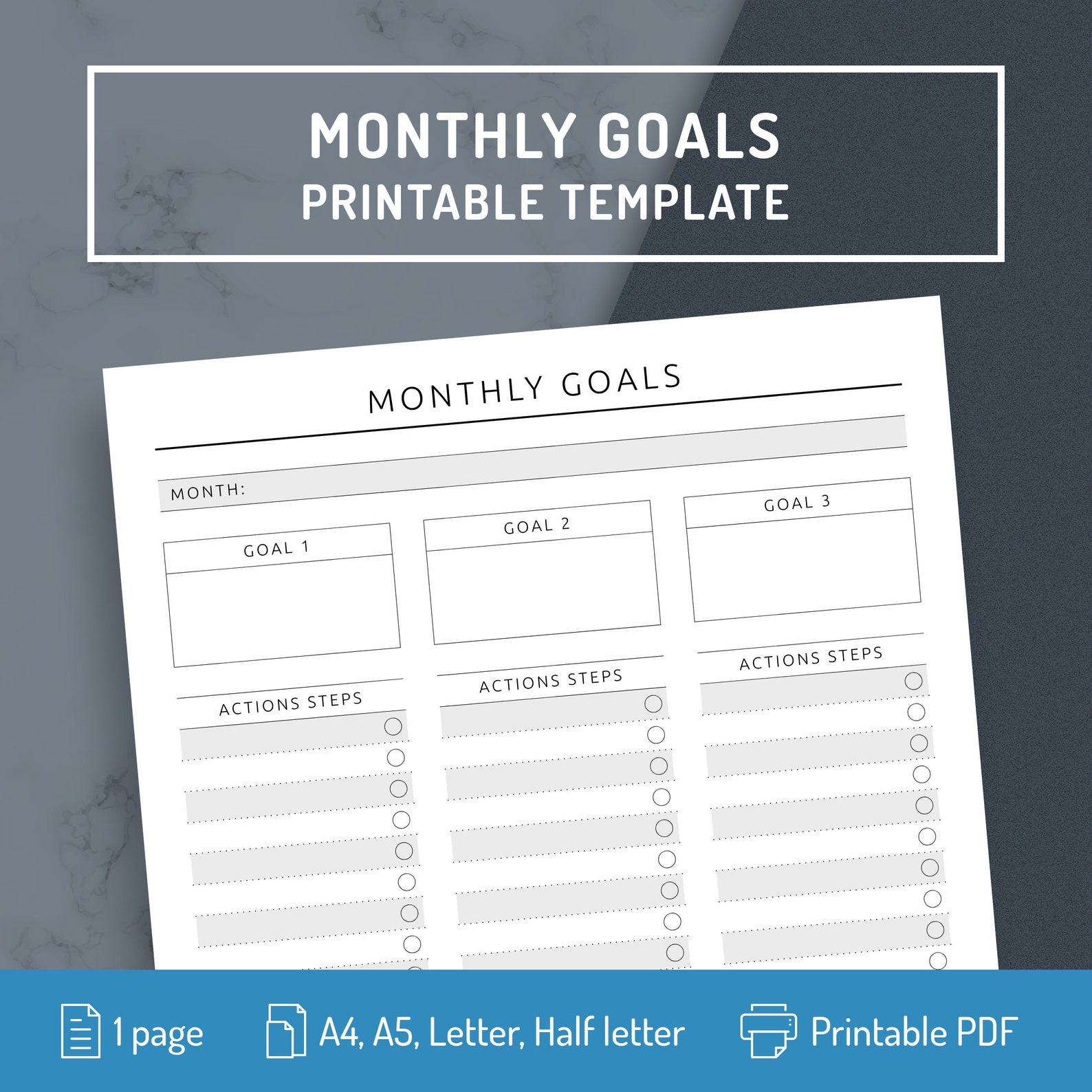 Monthly Goal Setting Printable Template with Action Steps | Etsy