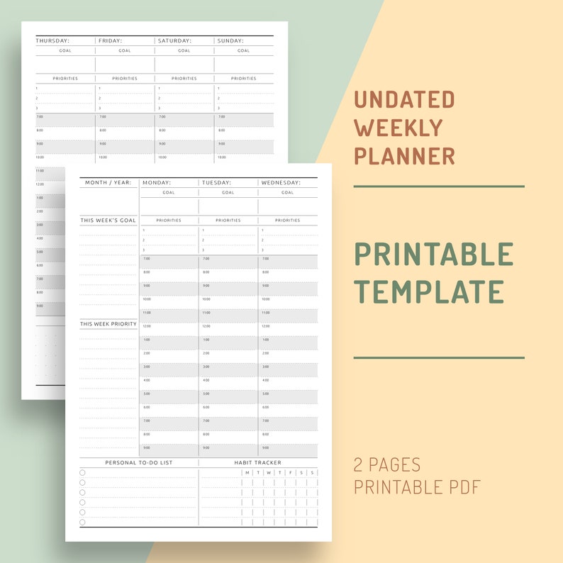 undated weekly planner printable template vertical hourly
