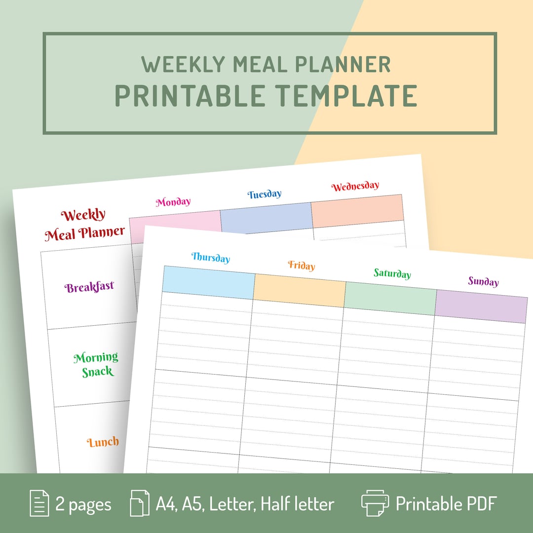 Weekly Meal Planner Printable Two Page Meal Plan Template - Etsy