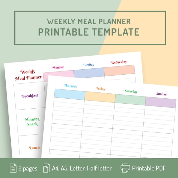 Weekly Meal Planner Printable Two Page Meal Plan Template | Etsy