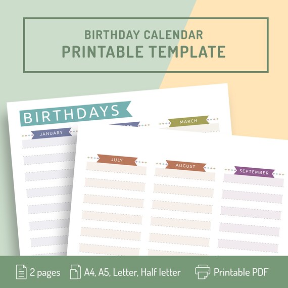 Birthday Calendar Printable Template Birthday List Monthly | Etsy