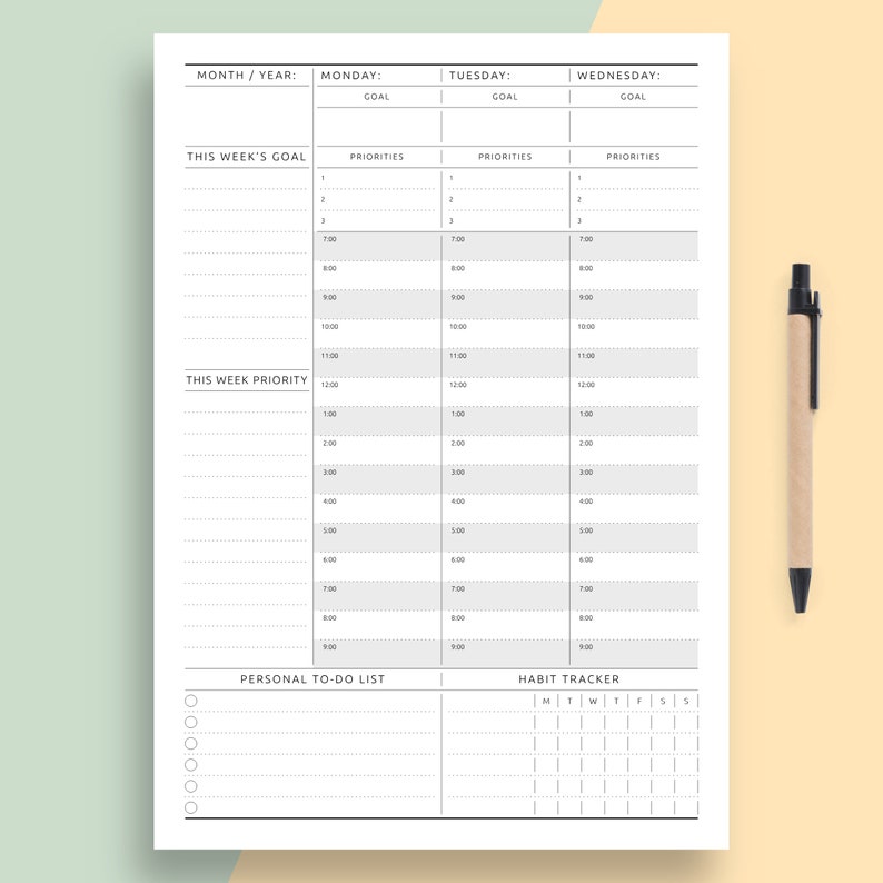 undated weekly planner printable template vertical hourly etsy