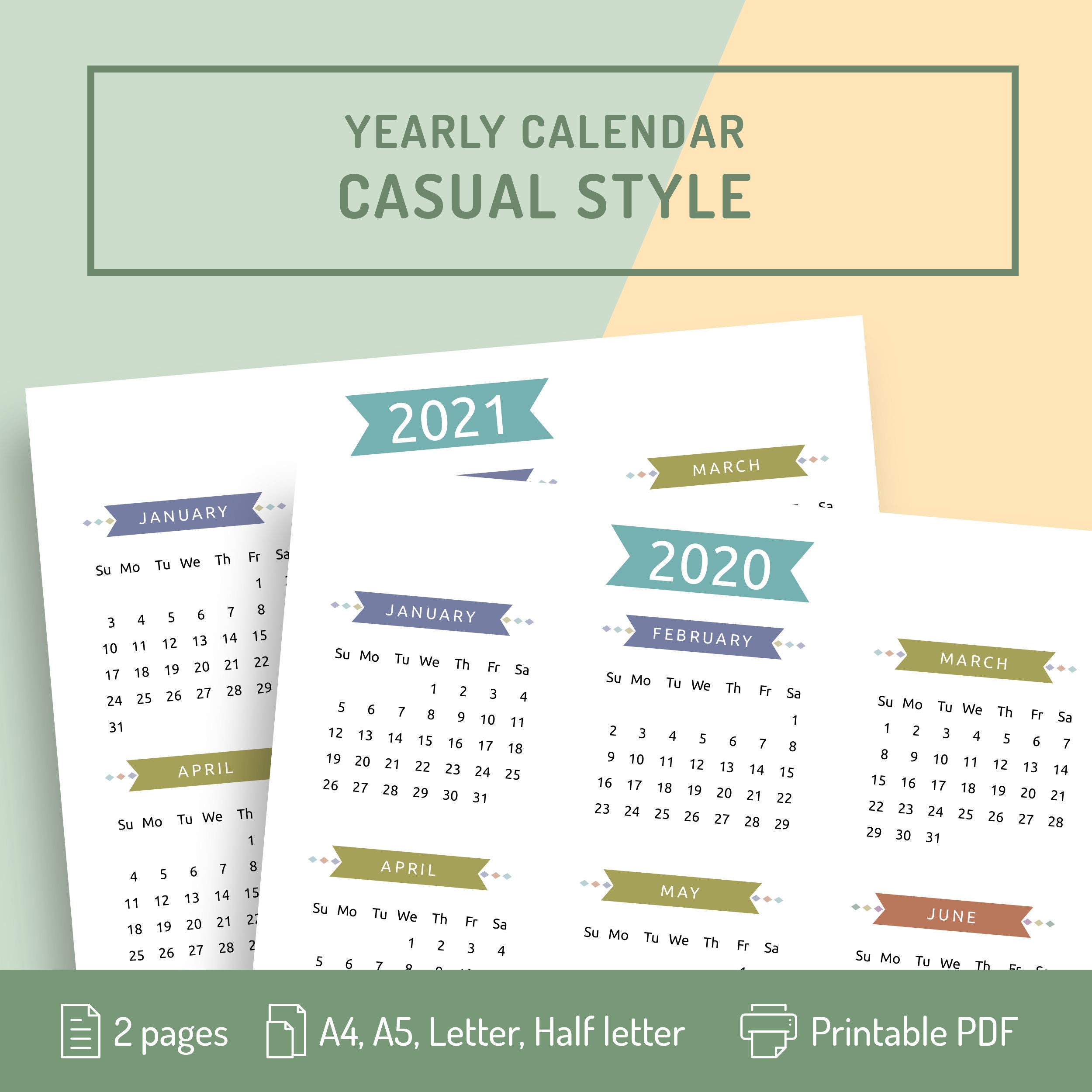2020 yearly calendar template printable calendar yearly two etsy