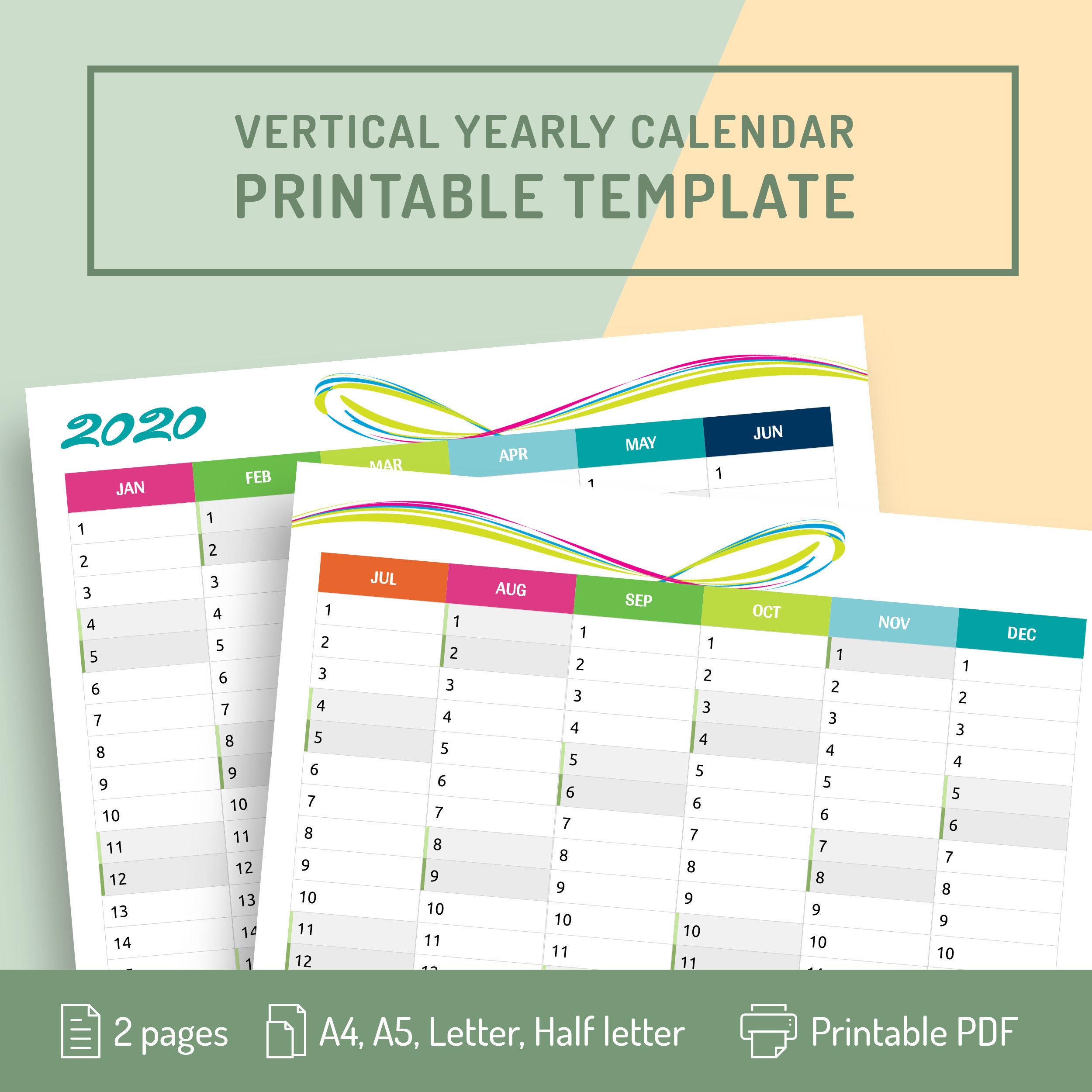 vertical calendar printable template 2020 printable calendar etsy