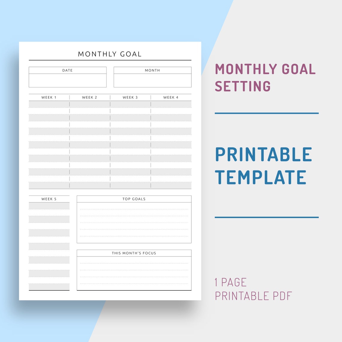 Printable Monthly Goal Setting Template for 5 Weeks Goal - Etsy