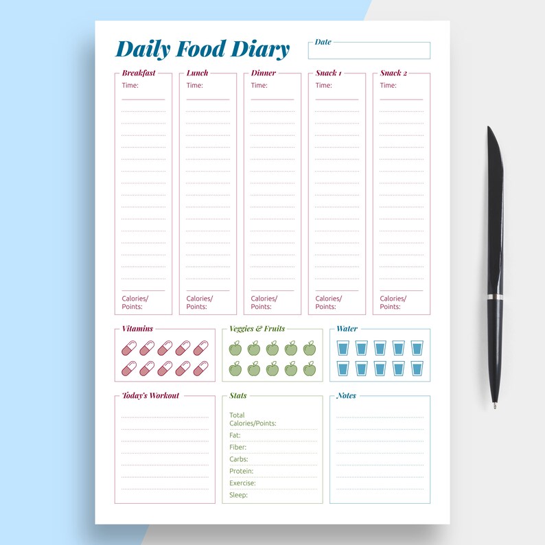 Daily Food Diary Printable Meal Plan Template A4 A5 | Etsy