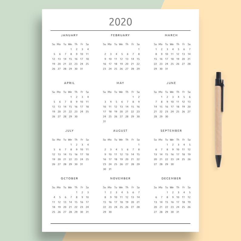 A5 Year at a Glance Calendar Printable Year on a Page Etsy
