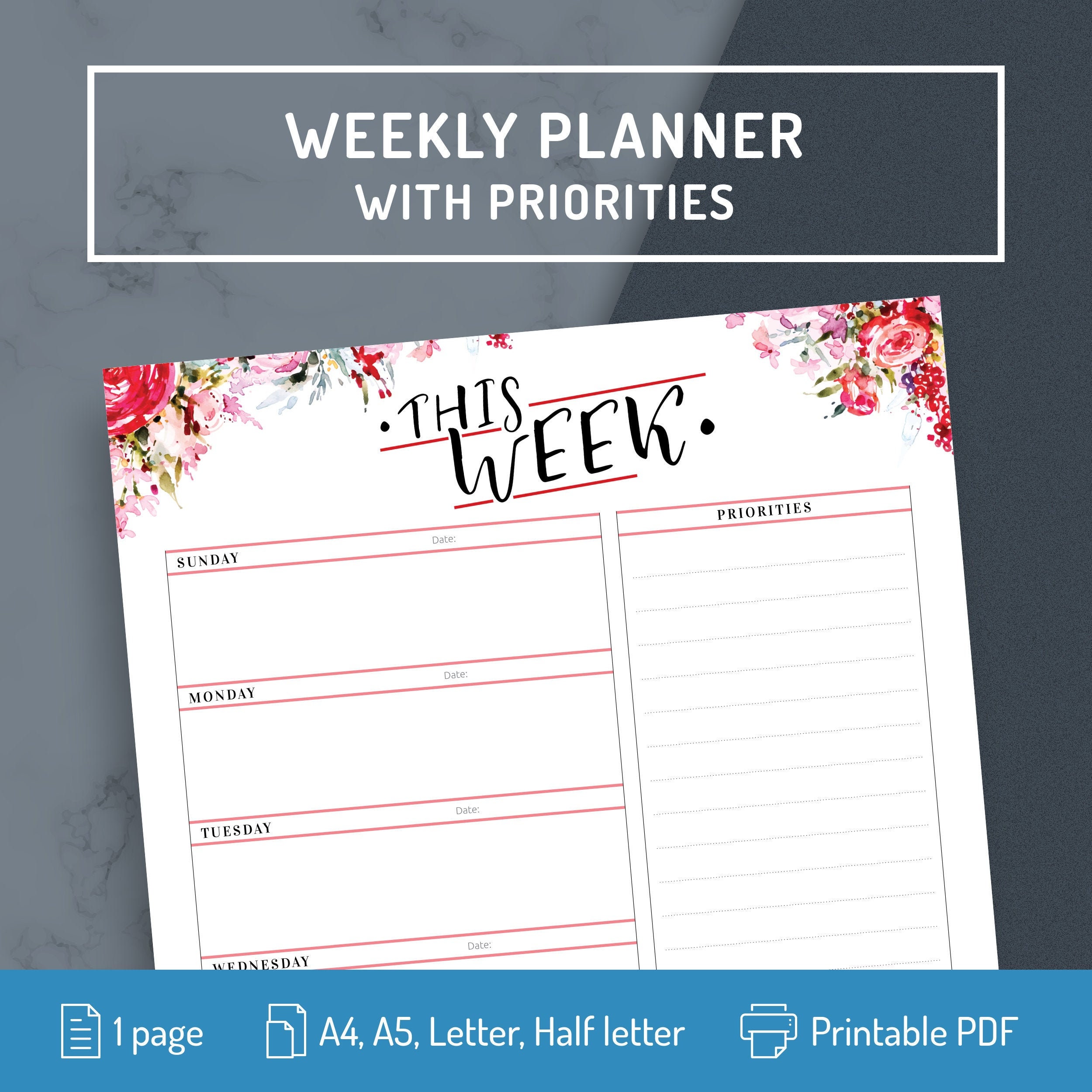 printable undated weekly planner page weekly schedule etsy