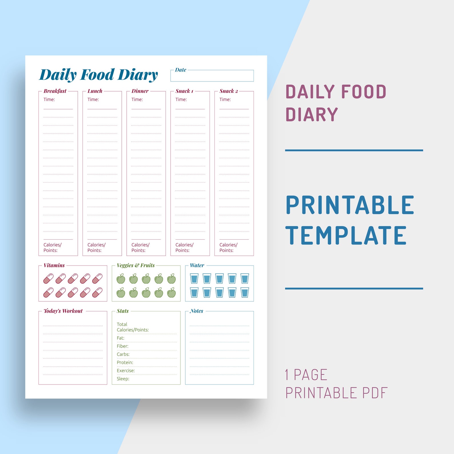 Daily Food Diary Printable Meal Plan Template A4 A5 | Etsy