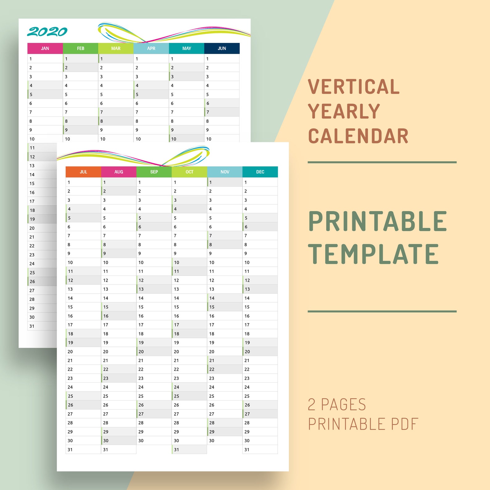 Vertical Calendar Printable Template 2020 Printable Calendar Etsy
