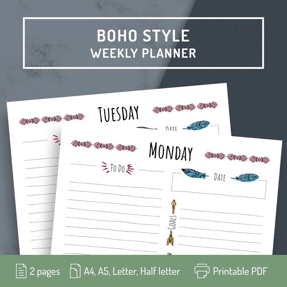 Boho Style Weekly Planner Printable Templates 7 Daily Pages | Etsy