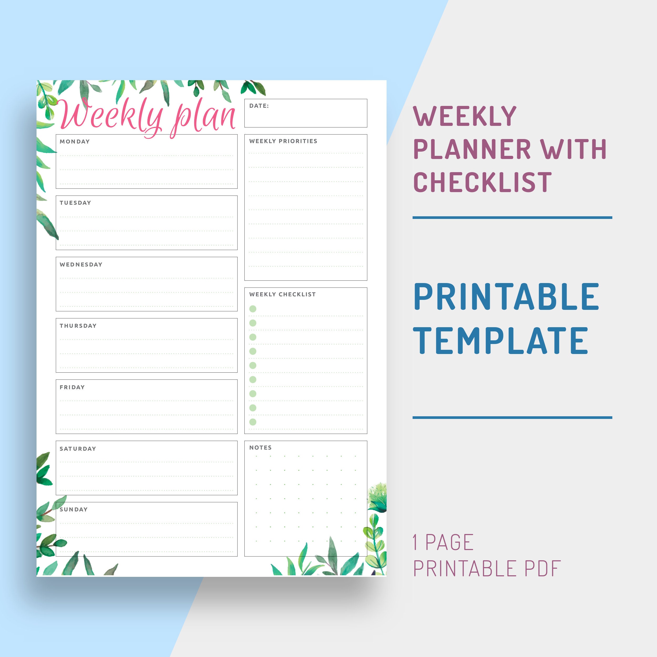 Undated Weekly Planner a5 Printable Vertical One Page | Etsy