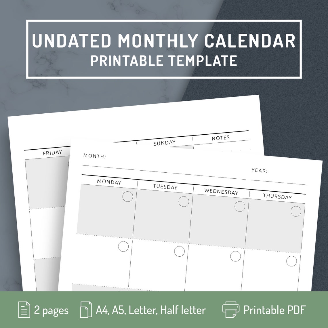 Blank Monthly Calendar Printable A5 Monthly Calendar | Etsy