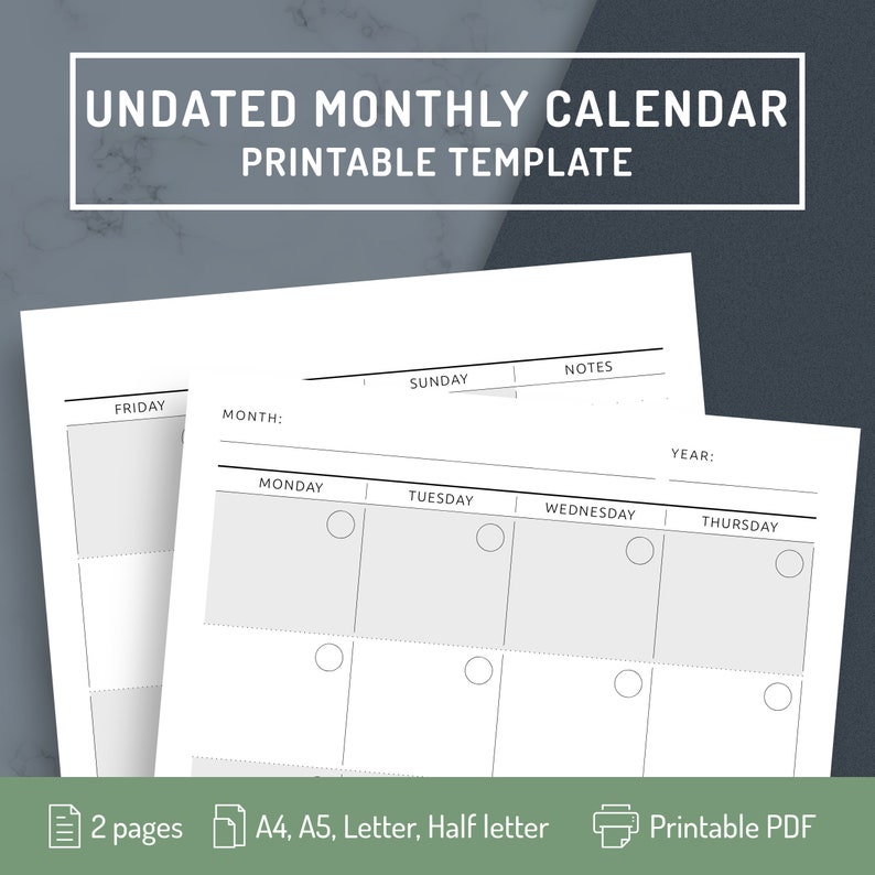Blank Monthly Calendar Printable A5 Monthly Calendar | Etsy