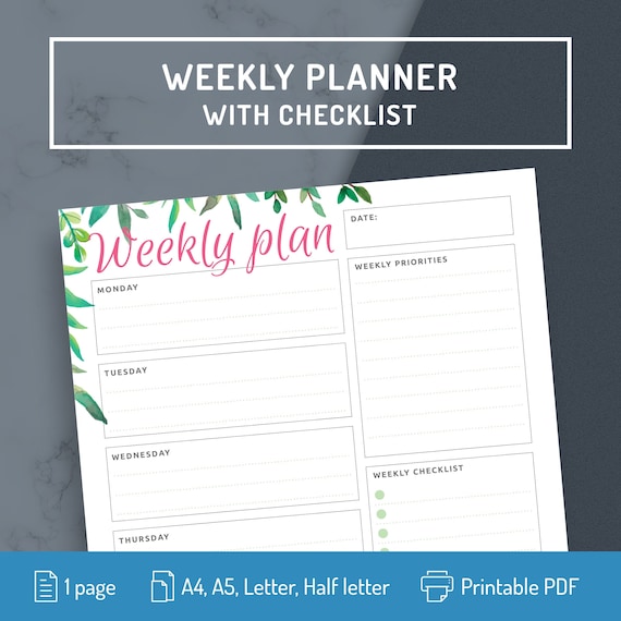 Undated Weekly Planner a5 Printable Vertical One Page | Etsy