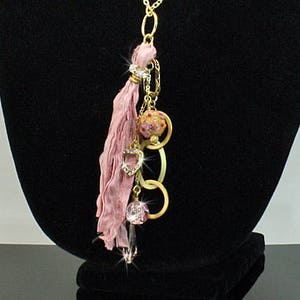 Sari Silk Ribbon Pink Tassel Necklace Gold Necklace Asymmetric Tassel Necklace Sari Silk Jewelry Pink Jewelry Gold Jewelry Recycled Silk image 2