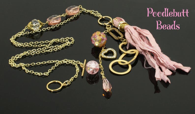 Sari Silk Ribbon Pink Tassel Necklace Gold Necklace Asymmetric Tassel Necklace Sari Silk Jewelry Pink Jewelry Gold Jewelry Recycled Silk image 1