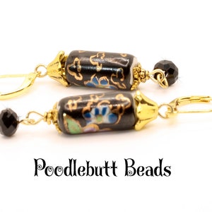 Painted Black Bead Flower Earrings Purple Flower Earrings Black Earrings Gold Plated Earrings Leverback Earrings Floral Earrings Jewelry