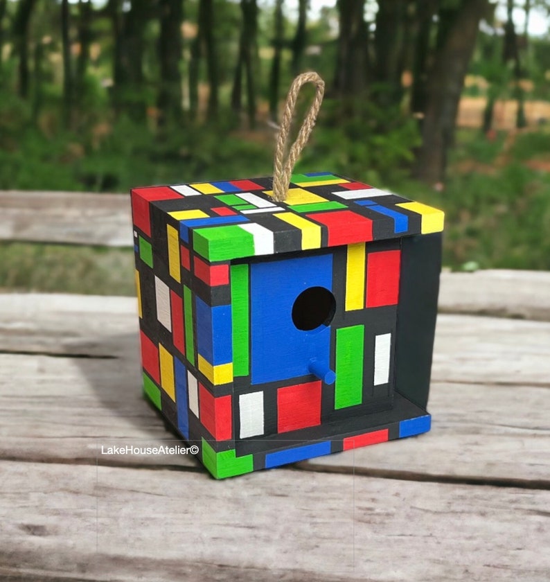 OOAK Birdhouse, Hand Painted. Rubik's Cube Birdhouse, Hand Painted, Cubist. Piet Mondrian House. image 2