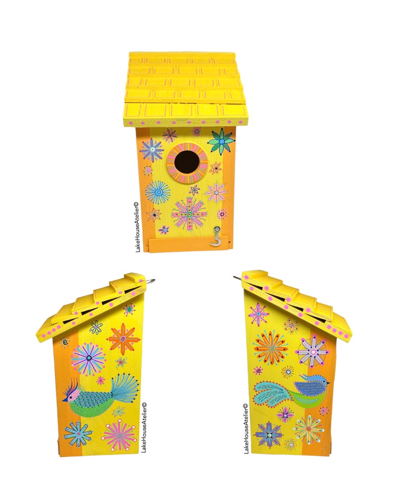 OOAK Wood Birdhouse with Opening for Cleaning. Personalizable Birdhouse. YELLOW