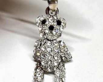 16" Teddy Bear Necklace with Faux Diamonds, Silver Jewelry. Vintage.