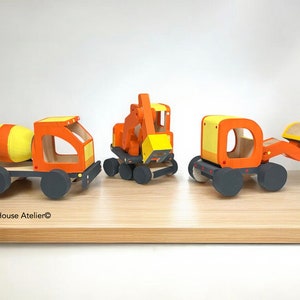 Wooden Construction Vehicles DIY. Paintable Wooden Trucks. Unfinished Wood: Cement mixer, front loader, excavator and paint set.