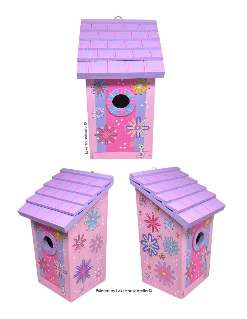 OOAK Wood Birdhouse with Opening for Cleaning. Personalizable Birdhouse. PINK