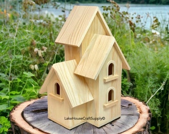 Large Plain Wood Birdhouse with Three Sections. DIY Birdhouse.