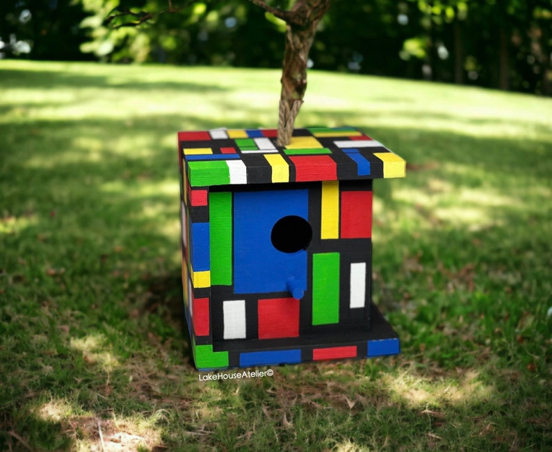 OOAK Birdhouse, Hand Painted. Rubik's Cube Birdhouse, Hand Painted, Cubist. Piet Mondrian House. image 6