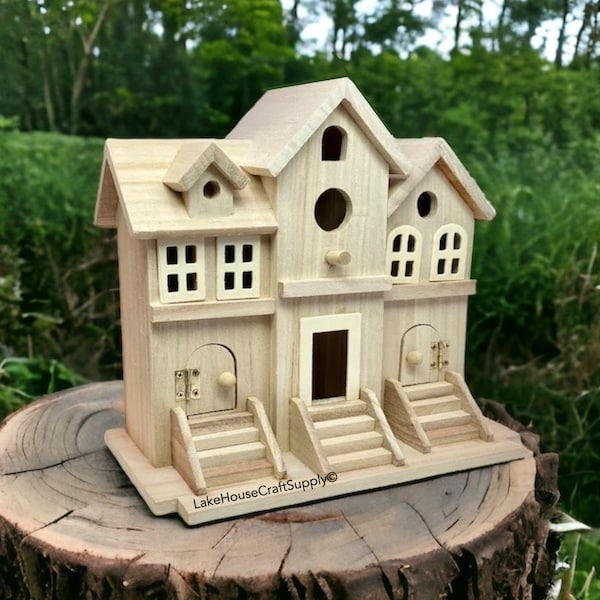 Birdhouse Brownstone Plain Wood. DIY Plain Birdhouse. Unfinished Wood Multi-Family Birdhouse.