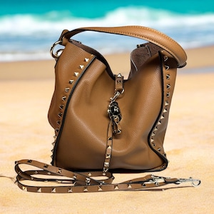 Genuine Leather Top Handle Bucket Handbag, Vintage Tote Bag. Studded Brown Leather Handbag. Vintage.