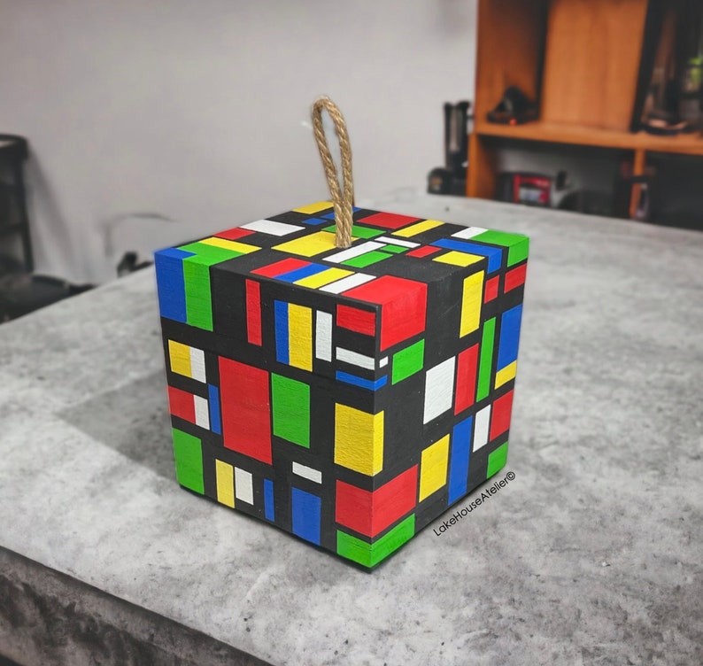 OOAK Birdhouse, Hand Painted. Rubik's Cube Birdhouse, Hand Painted, Cubist. Piet Mondrian House. image 3
