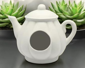 Plain Ceramic Teapot Birdhouse. Small Pet Hideout: mouse, gerbil, spider, frog, reptile insect. DIY ready to paint and decorate.