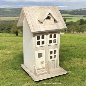 Birdhouse, VARIETY Unfinished Wood Birdhouses: gazebo, watering can, space ship, fenced house, barn, hexagon, beach or boat house, surf hut.