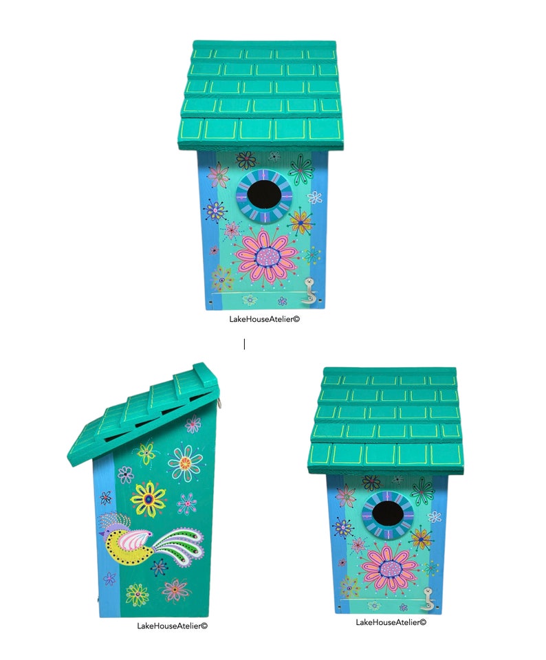 OOAK Wood Birdhouse with Opening for Cleaning. Personalizable Birdhouse. SEAFOAM